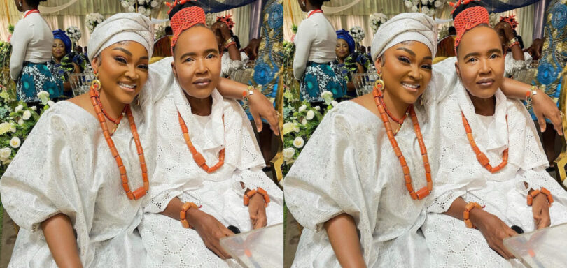 Actress Mercy Aigbe poses with her mother, as she storm Benin for her Grandma’s burial